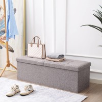 Cuyoca 45.3 Inches Storage Ottoman Bench Foldable Seat Footrest Shoe Bench End Of Bed Storage With Flipping Lid, 166L Storage Upholstered Tufted Bench, Linen Fabric Grey