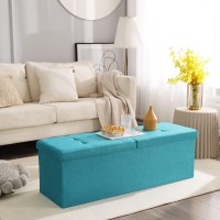 Cuyoca 45.3 Inches Storage Ottoman Bench Foldable Seat Footrest Shoe Bench End Of Bed Storage With Flipping Lid, 166L Storage Upholstered Tufted Bench, Linen Fabric Teal Blue
