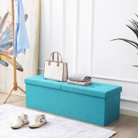 Cuyoca 45.3 Inches Storage Ottoman Bench Foldable Seat Footrest Shoe Bench End Of Bed Storage With Flipping Lid, 166L Storage Upholstered Tufted Bench, Linen Fabric Teal Blue