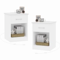 Reettic Set Of 2 Nightstand With Charging Station And Usb Ports & Power Outlets, Wooden End Table With Drawer And Opening Shelf, Side Table For Bedroom, White Rctg101We02