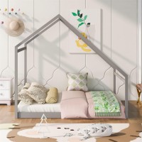 Full Floor Bed Daybed, Full Size Wooden House Bed Frame With Roof For Boys Girls, No Box Springs Required, Can Be Decorated, Grey
