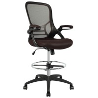 Hylone Drafting Chair, Tall Office Chair Standing Desk Chair Brown Mesh High-Back Drafting Stool With Flip-Up Arms, Adjustable Foot Ring