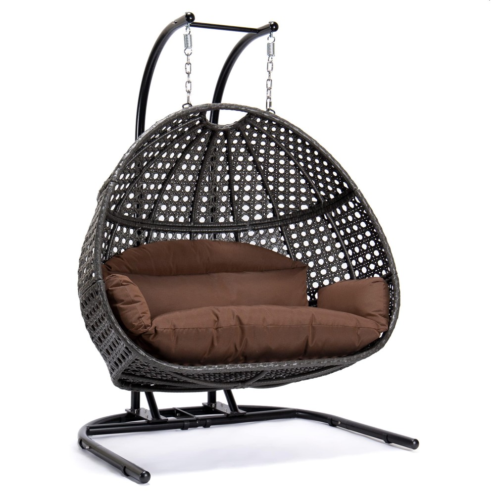 Leisuremod Outdoor Patio Charcoal Wicker Hanging 2 Person Double Egg Swing Chair (Dark Brown)