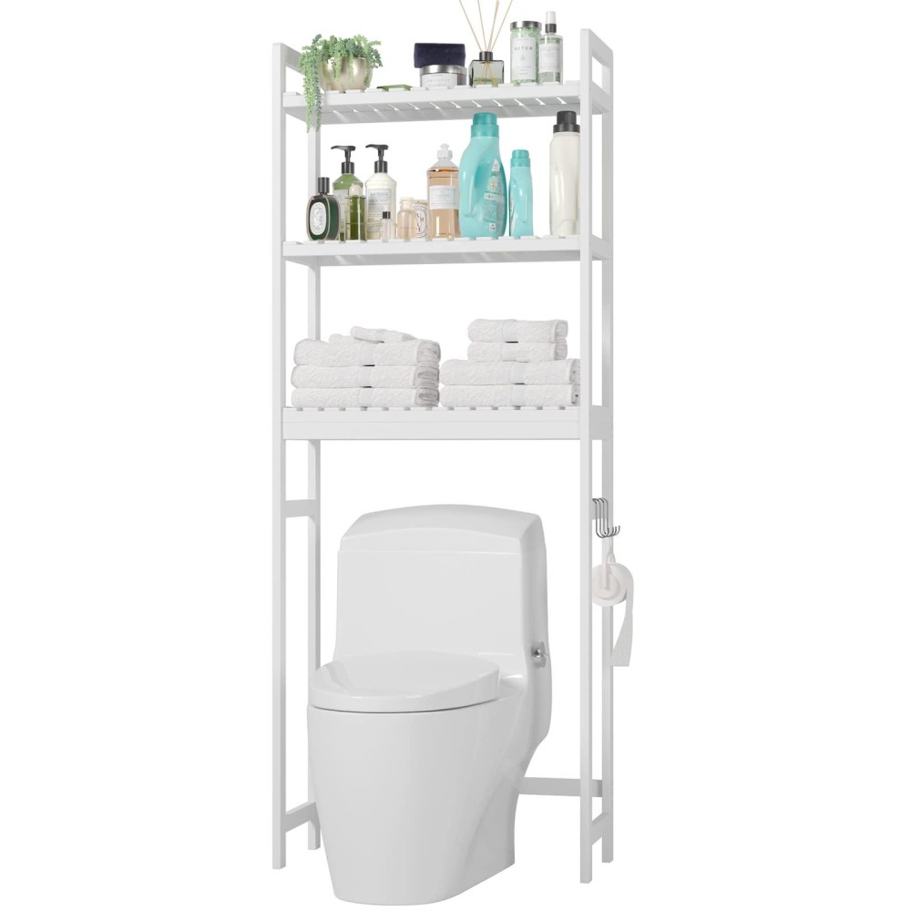 Forehill Bathroom 3-Tier Standing Shelf Units Over The Toilet Storage Shelf Multifunctional Floor Organizer Rack White Plants Holder Bamboo For Hallway Balcony 63.5?26?163Cm