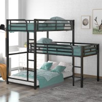 Metal Triple Bunk Bed, L-Shaped Twin Size Triple Bunk Bed, Bunk Beds Frame Attached Twin Loft Bed With Ladder And Full-Length Guardrails, 3 Beds Bunk Bed For Boys Girls Teens Adults, Black