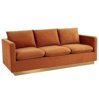 Leisuremod Nervo Modern Upholstered Velvet 83 Sofa With Gold Base & Removable Cushions Orange Marmalade