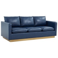 Leisuremod Nervo Modern Upholstered Leather 83 Sofa With Gold Base & Removable Cushions Navy Blue