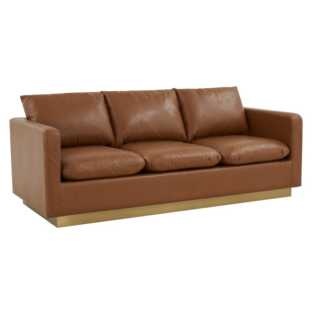 Leisuremod Nervo Modern Upholstered Leather 83 Sofa With Gold Base & Removable Cushions Cognac Tan