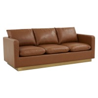 Leisuremod Nervo Modern Upholstered Leather 83 Sofa With Gold Base & Removable Cushions Cognac Tan