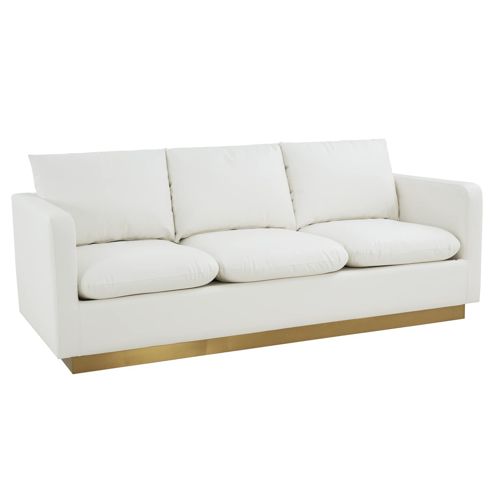 Leisuremod Nervo Modern Upholstered Leather 83 Sofa With Gold Base & Removable Cushions White