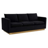 Leisuremod Nervo Modern Upholstered Velvet 83 Sofa With Gold Base & Removable Cushions Midnight Black