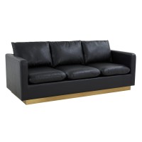 Leisuremod Nervo Modern Upholstered Leather 83 Sofa With Gold Base & Removable Cushions Black