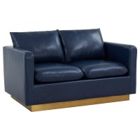 Leisuremod Nervo Modern Upholstered Leather 55 Loveseat With Gold Base & Removable Cushions Navy Blue