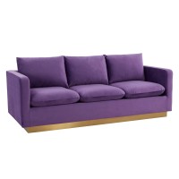 Leisuremod Nervo Modern Upholstered Velvet 83 Sofa With Gold Base & Removable Cushions Purple