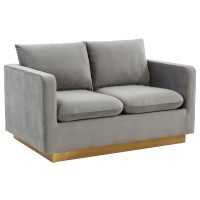 Leisuremod Nervo Modern Upholstered Velvet 55 Loveseat With Gold Base & Removable Cushions Light Grey