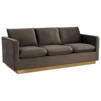 Leisuremod Nervo Modern Upholstered Velvet 83 Sofa With Gold Base & Removable Cushions Dark Grey