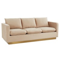 Leisuremod Nervo Modern Upholstered Velvet 83 Sofa With Gold Base & Removable Cushions Beige