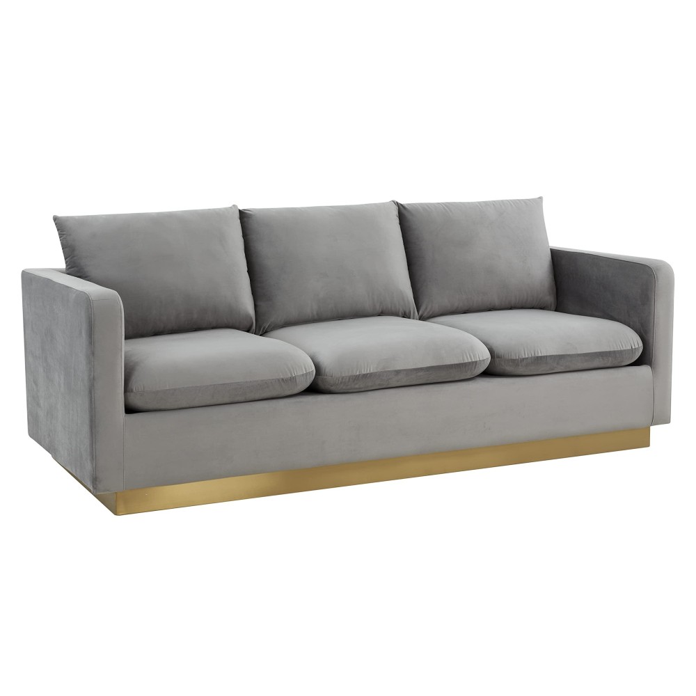 Leisuremod Nervo Modern Upholstered Velvet 83 Sofa With Gold Base & Removable Cushions Light Grey
