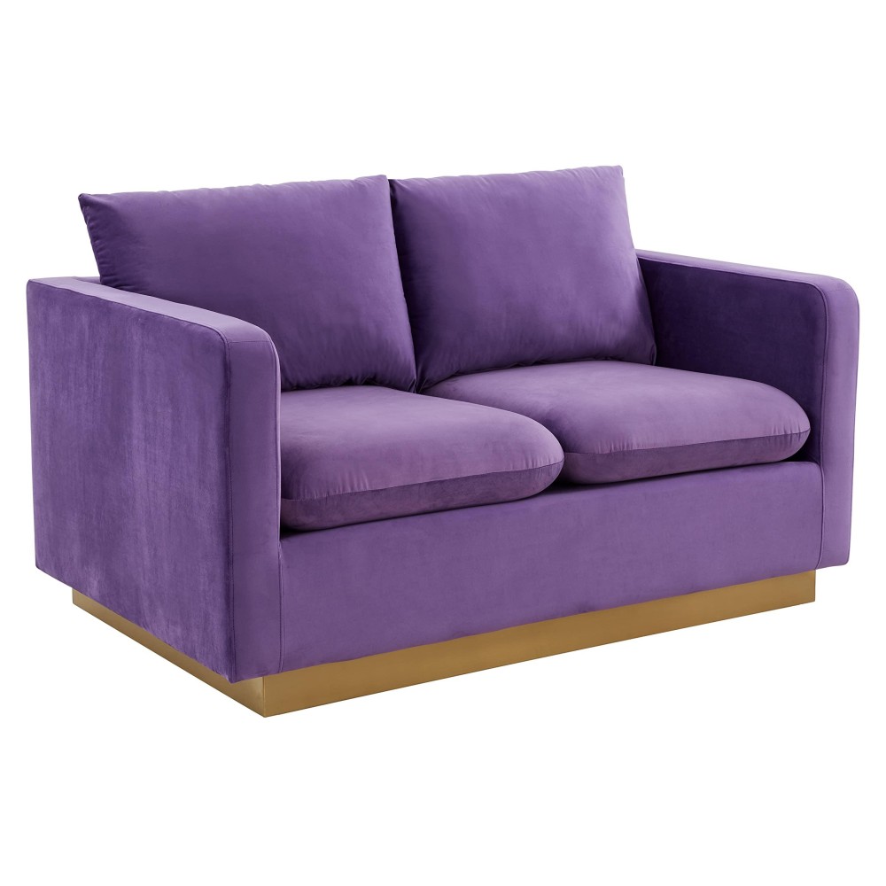 Leisuremod Nervo Modern Upholstered Velvet 55 Loveseat With Gold Base & Removable Cushions Purple