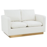 Leisuremod Nervo Modern Upholstered Leather 55 Loveseat With Gold Base & Removable Cushions White