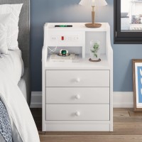 Adorneve Nightstand With Charging Station,White Night Stand With Hutch,Bedside Table With Drawers,Bed Side Table With Storage