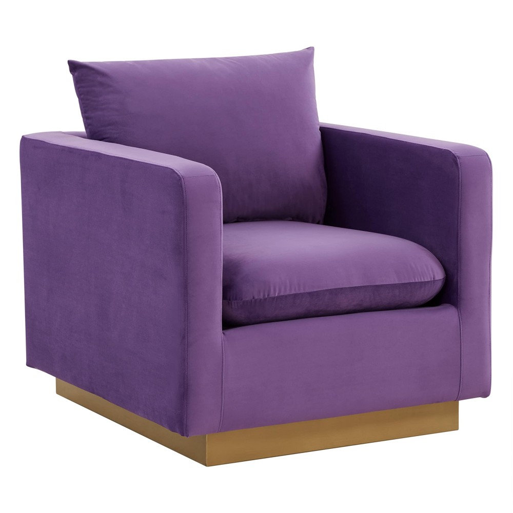 Leisuremod Nevro Nervo Modern Upholstered Velvet 32 Accent Chair With Gold Base & Removable Cushions Purple