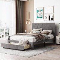Harper & Bright Designs Full Size Platform Bed With Storage Drawers, Velvet Upholstered Bed Frame With Strong Wooden Slats Support, Easy Assembly, No Box Spring Needed (Grey)