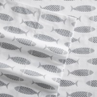 Nautica- King Sheet Set, Cotton Percale Bedding Set, Crisp & Cool, Lightweight & Breathable (Woodblock Fish Grey, King)