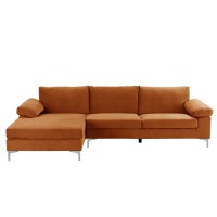 Casa Andrea Milano Modern Sectional Sofa L Shaped Velvet Couch, With Extra Wide Chaise Lounge, Large, Orange