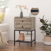 Saedew Nightstand With Charging Station And 2 Usb Ports Grey Side Table With 2 Drawers And Metal Shelf For Bedroom Living Room
