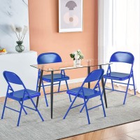 Vecelo Metal Frame Folding Hold Up To 350 Pounds, Mounted Steel Chairs With Triple Braced & Double Hinged Back For Home Office, Set Of 4, Blue