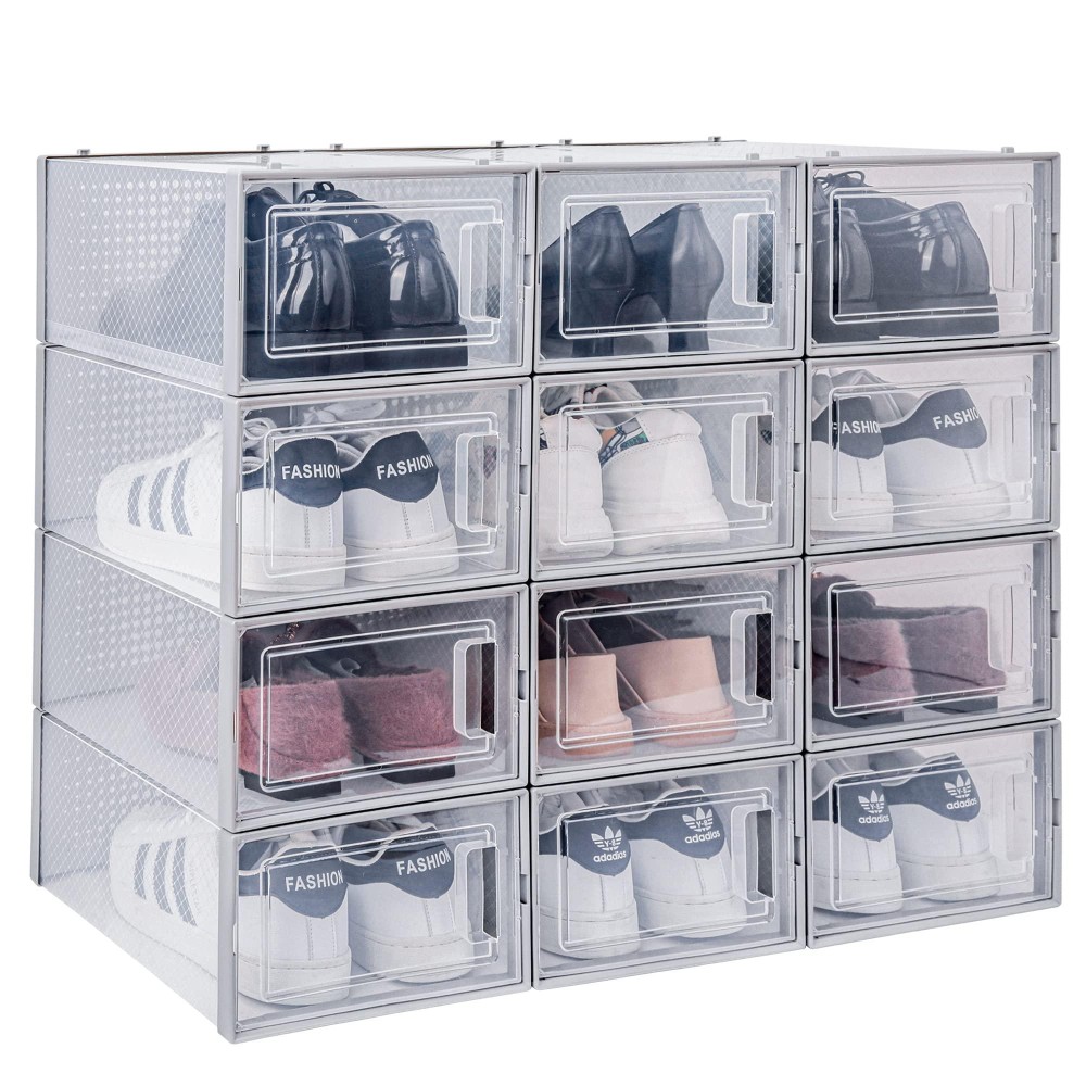 Dhmaker 12 Pack Shoe Storage Boxes, Clear Shoe Boxes Stackable For Closet, Space Saving Sneaker Storage Boxes Shoe Organizers - Grey