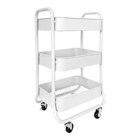 Homestead 3-Tier Rolling Cart - Heavy Duty Metal Rolling Cart, Lockable Casters, Multifunctional Storage Shelves - Great For Kitchen, Office, Bathroom, Laundry Room (White)