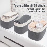 Cotton Rope Basket For Blanket Basket | Nursery Storage | 15X10X9 Set Of 3 White & Graphite Medium Storage Baskets For Organizing With Handles As Wicker Basket, Woven Baskets, Blanket Basket
