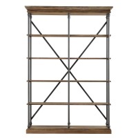 Brown Rustic Bookshelf Size 84 Inches H X 33.50 Inches W X 15 Inches In D, Metal Tube Frame Five Fixed Shelves Powder-Coated Metal Frame | All Season Stable Strong Made From Poplar Wood & Elm Veneers