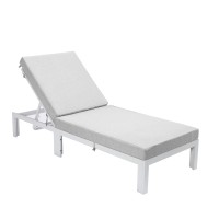 Leisuremod Chelsea Modern White Aluminum Chaise Lounge Outdoor Patio Chair With Cushions Light Grey