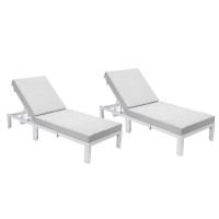 Leisuremod Chelsea Modern White Aluminum Chaise Lounge Outdoor Patio Chair With Cushion Set Of 2 Light Grey