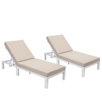 Leisuremod Chelsea Modern White Aluminum Chaise Lounge Outdoor Patio Chair With Cushion Set Of 2 Beige