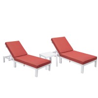 Leisuremod Chelsea Modern White Aluminum Chaise Lounge Outdoor Patio Chair With Side Table & Cushions Set Of 2 Red