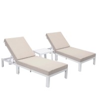 Leisuremod Chelsea Modern White Aluminum Outdoor Patio Side Table & Cushions Chaise Lounge Chair Beige