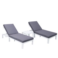 Leisuremod Chelsea Modern White Aluminum Chaise Lounge Outdoor Patio Chair With Side Table & Cushions Set Of 2 Blue