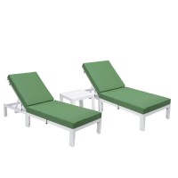 Leisuremod Chelsea Modern White Aluminum Chaise Lounge Outdoor Patio Chair With Side Table & Cushions Set Of 2 Green