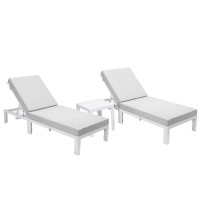Leisuremod Chelsea Modern White Aluminum Chaise Lounge Outdoor Patio Chair With Side Table & Cushions Set Of 2 Light Grey