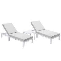 Leisuremod Chelsea Modern White Aluminum Chaise Lounge Outdoor Patio Chair With Side Table & Cushions Light Grey