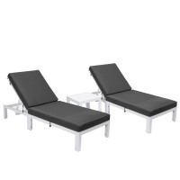 Leisuremod Chelsea Modern White Aluminum Chaise Lounge Outdoor Patio Chair With Side Table & Cushions Set Of 2 Black