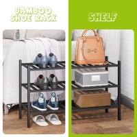 Bmosu Shoe Rack 3-Tier Bamboo Shoe Rack Premium Stackable Shoe Shelf Storage Organizer For Hallway Closet Living Room Entryway Organizer (Black Bamboo, 3-Tier)