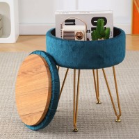 Cpintltr Modern Velvet Foot Rest Stool Upholstered Round Storage Ottomans Multipurpose Dressing Stools Luxury Home Decor Ottoman Coffee Table Top Cover Footstool With Metal Legs For Couch Teal