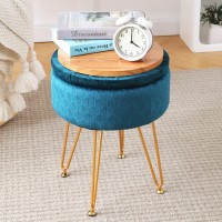 Cpintltr Modern Velvet Foot Rest Stool Upholstered Round Storage Ottomans Multipurpose Dressing Stools Luxury Home Decor Ottoman Coffee Table Top Cover Footstool With Metal Legs For Couch Teal