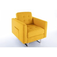 Lilola Home Victoria Yellow Linen Fabric Armchair With Metal Legs, Side Pockets, And Pillow