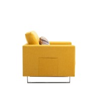 Lilola Home Victoria Yellow Linen Fabric Armchair With Metal Legs, Side Pockets, And Pillow